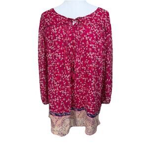 St. John's Bay Women's Blouse Plus Sz 2X Red Shiney Stripes Floral Flowy